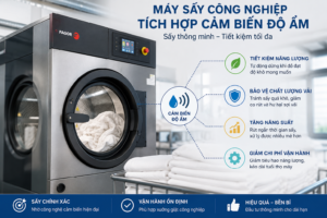 Máy sấy công nghiệp tích hợp cảm biến độ ẩm giúp tiết kiệm năng lượng và bảo vệ chất lượng đồ vải.